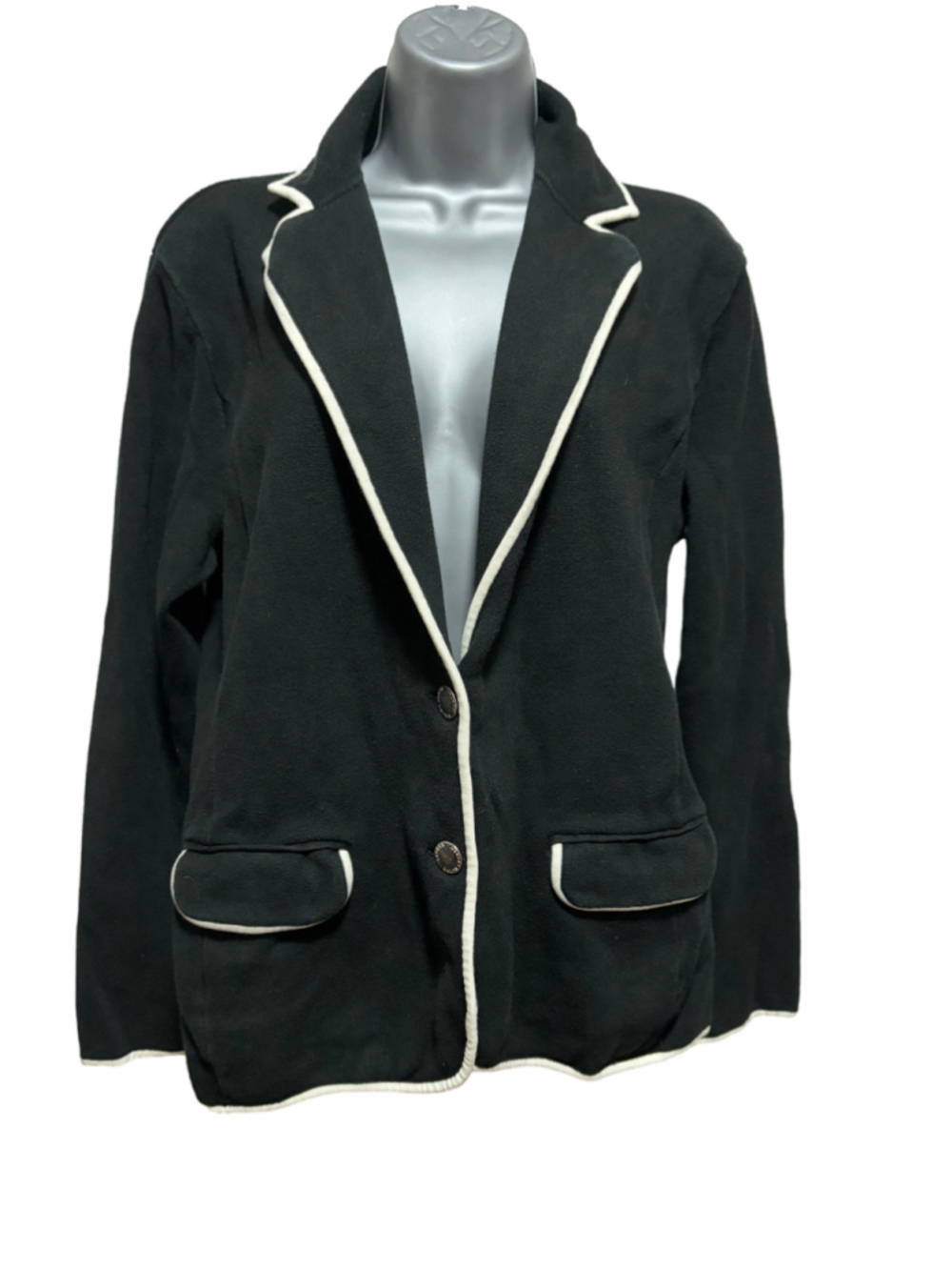 Lauren Ralph Lauren Black Knit Blazer Cream Trim Sweater Jacket Women’s XL